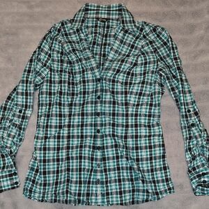 Guess Teal and Black Plaid Shirt Size Large